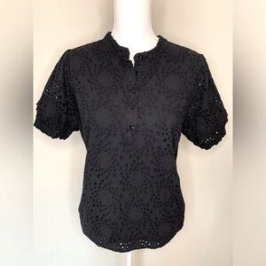 Lea & Nicole Women’s Top Eyelet Overlay Blouse Size Medium Black 100% Cotton